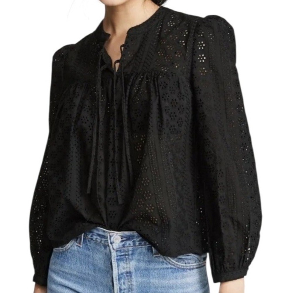 Madewell Women Black Cotton Eyelet Lace Tie Neck Puff Sleeve Blouse Size L Boho